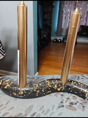 Gold Taper Candle Set with Black and Gold Speckled Holder